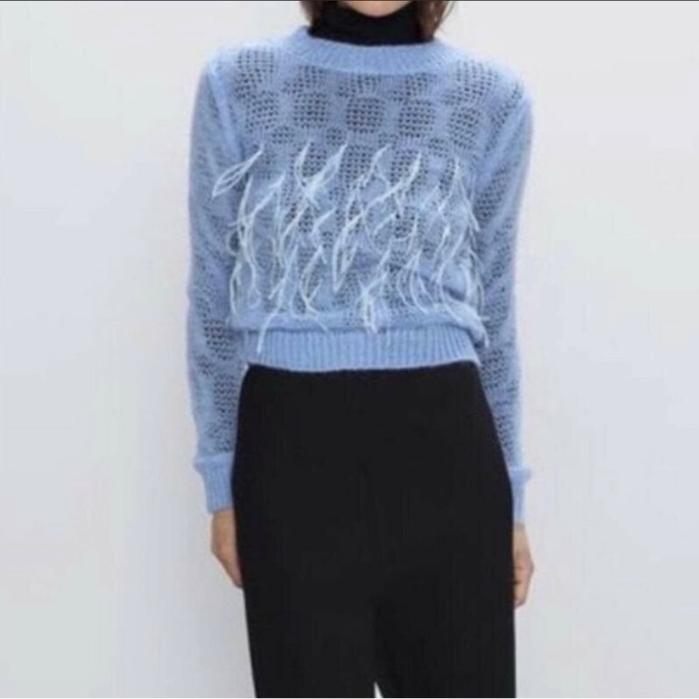 Zara Light Blue Knit Fringe Sweater